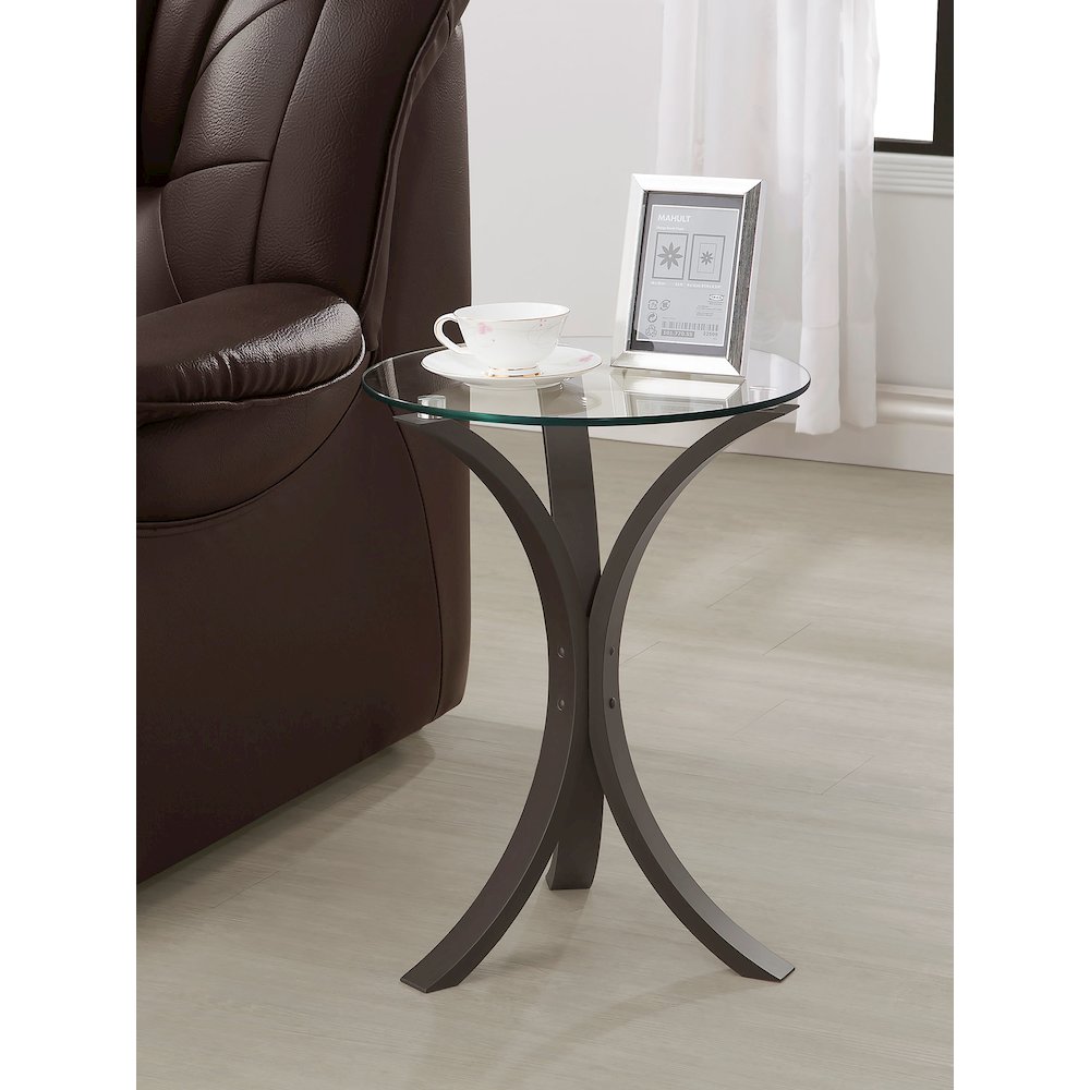 Edgar Round Glass Top Accent Side Table Cappuccino. Picture 4