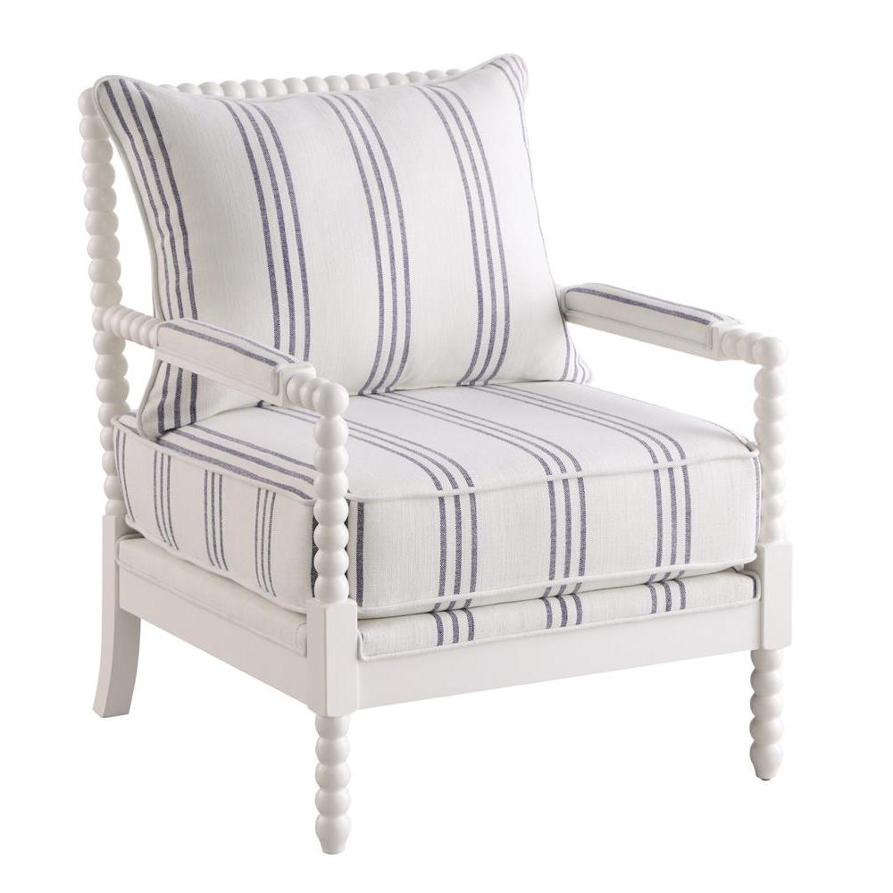 White Upholstered Accent Chair with Navy Spindle Accents for Modern Decor. Picture 1