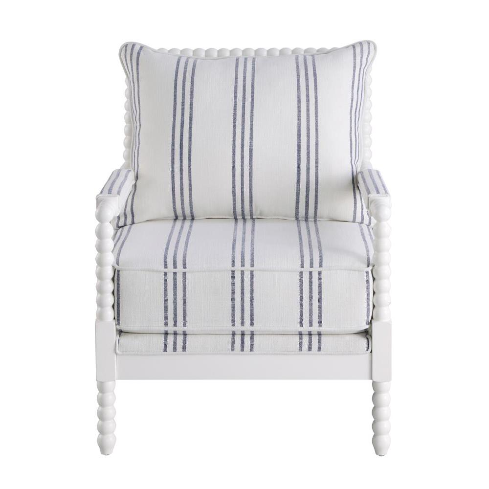 White Upholstered Accent Chair with Navy Spindle Accents for Modern Decor. Picture 2
