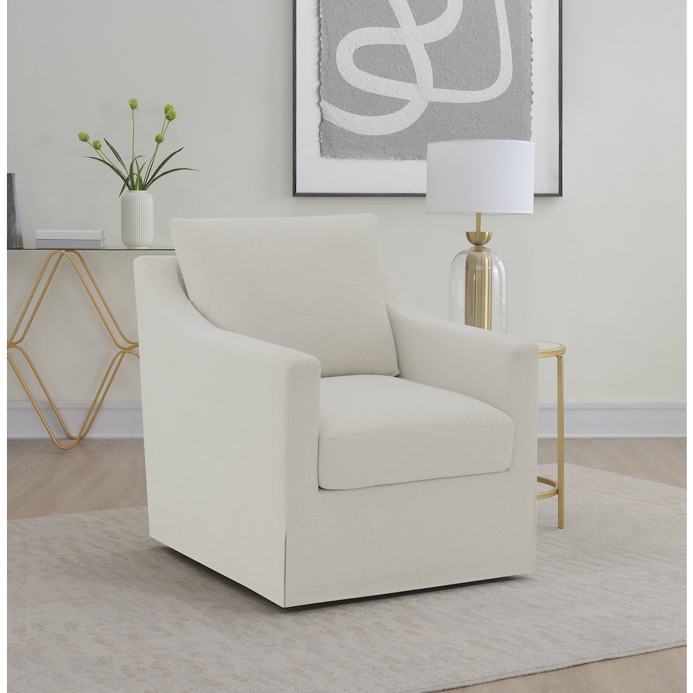 Winter Upholstered Sloped Arm Accent Swivel Chair Beige. Picture 2