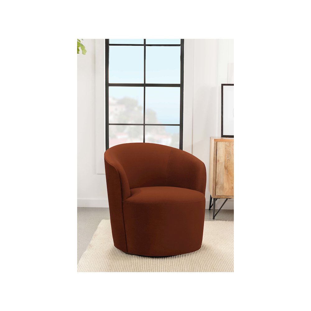 Joyce Upholstered Barrel Back Swivel Chair Burnt Orange. Picture 6