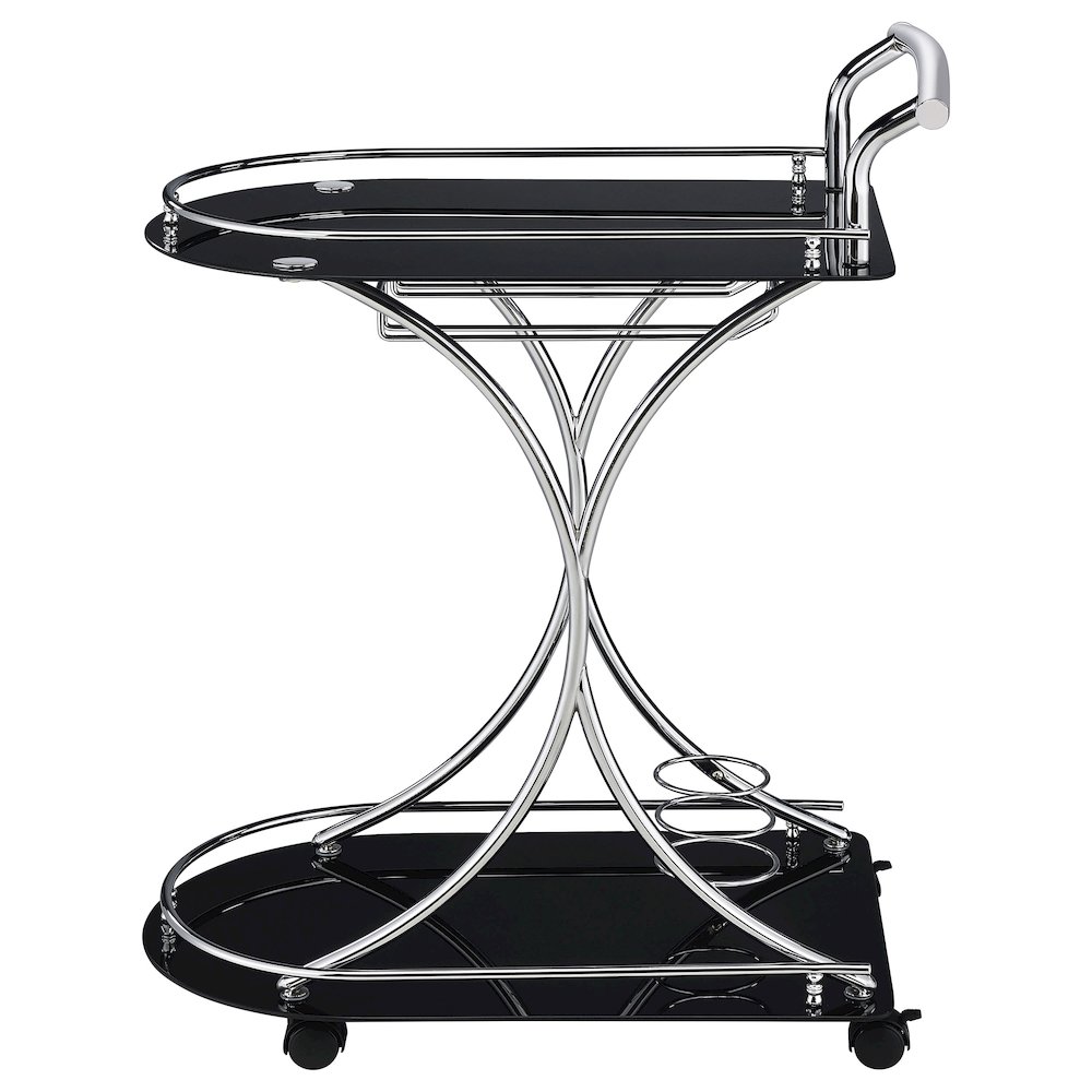 Elfman 2-tier Glass Shelf Metal Bar Cart Black and Chrome. Picture 5