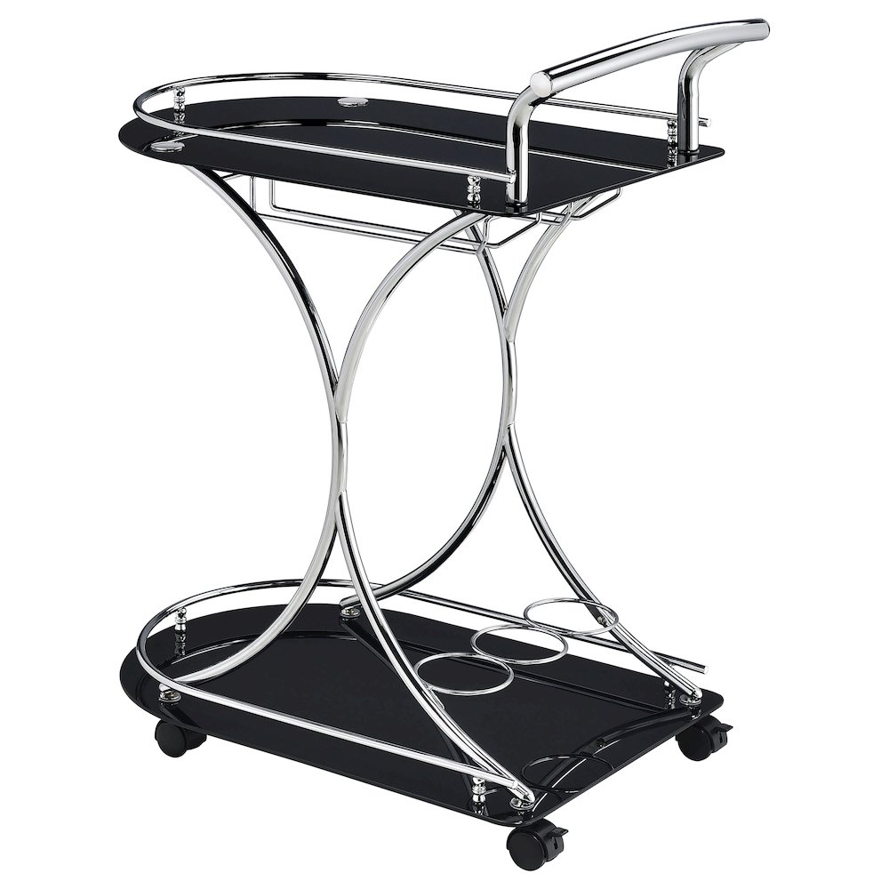 Elfman 2-tier Glass Shelf Metal Bar Cart Black and Chrome. Picture 6