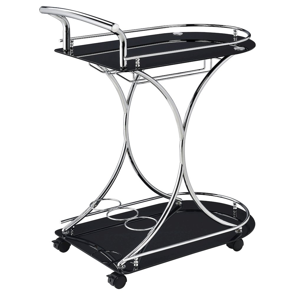 Elfman 2-tier Glass Shelf Metal Bar Cart Black and Chrome. Picture 8
