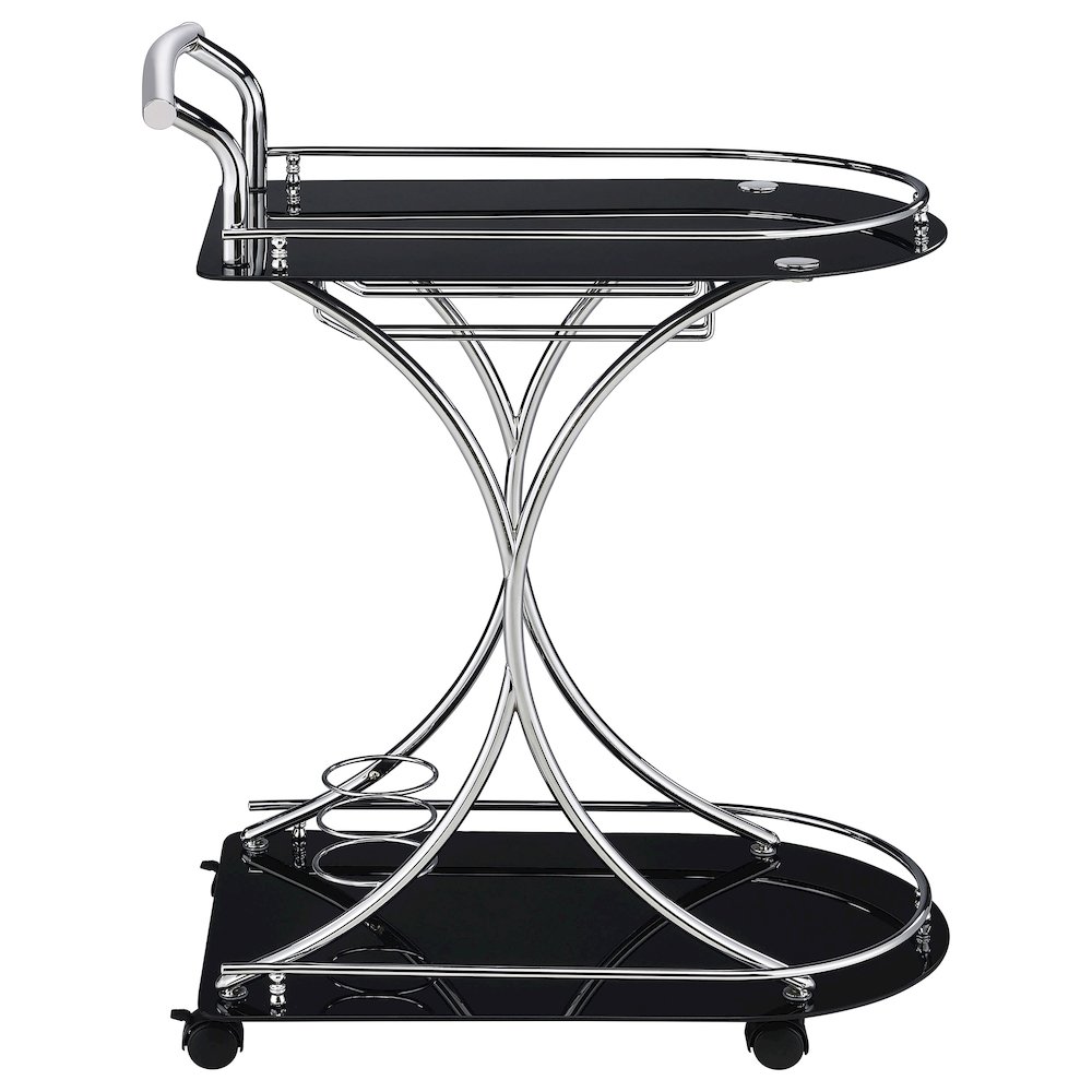 Elfman 2-tier Glass Shelf Metal Bar Cart Black and Chrome. Picture 9