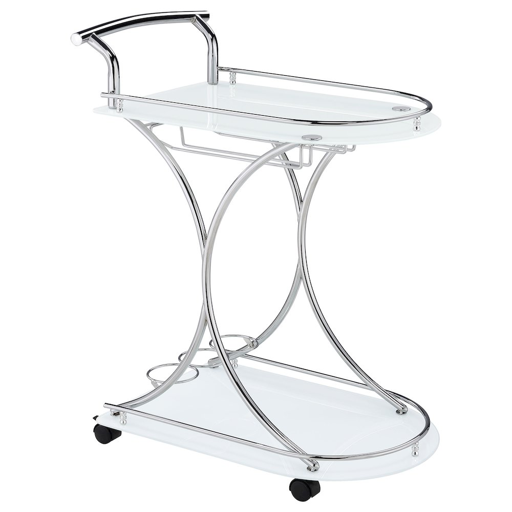 Elfman 2-tier Glass Shelf Metal Bar Cart White and Chrome. Picture 1