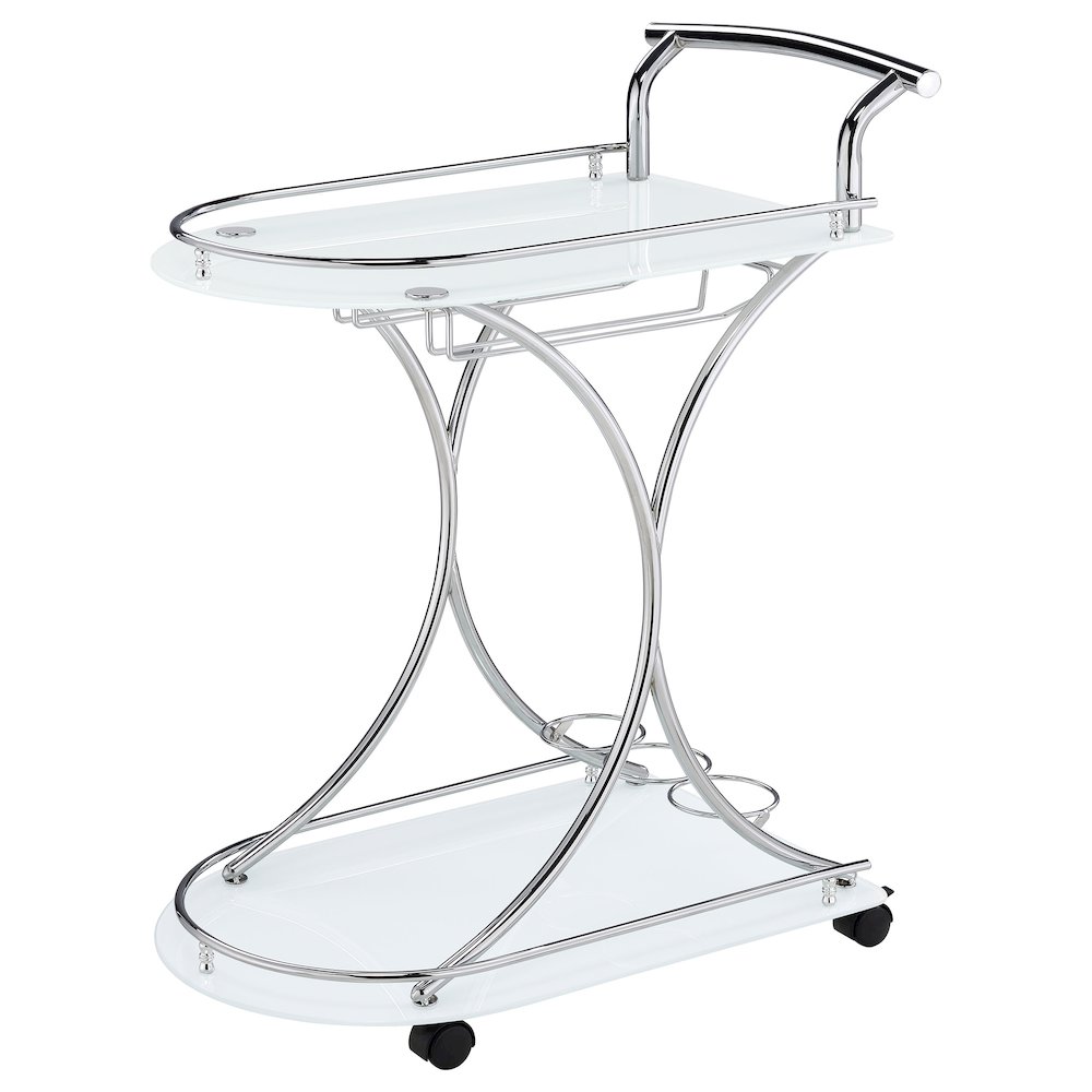 Elfman 2-tier Glass Shelf Metal Bar Cart White and Chrome. Picture 4