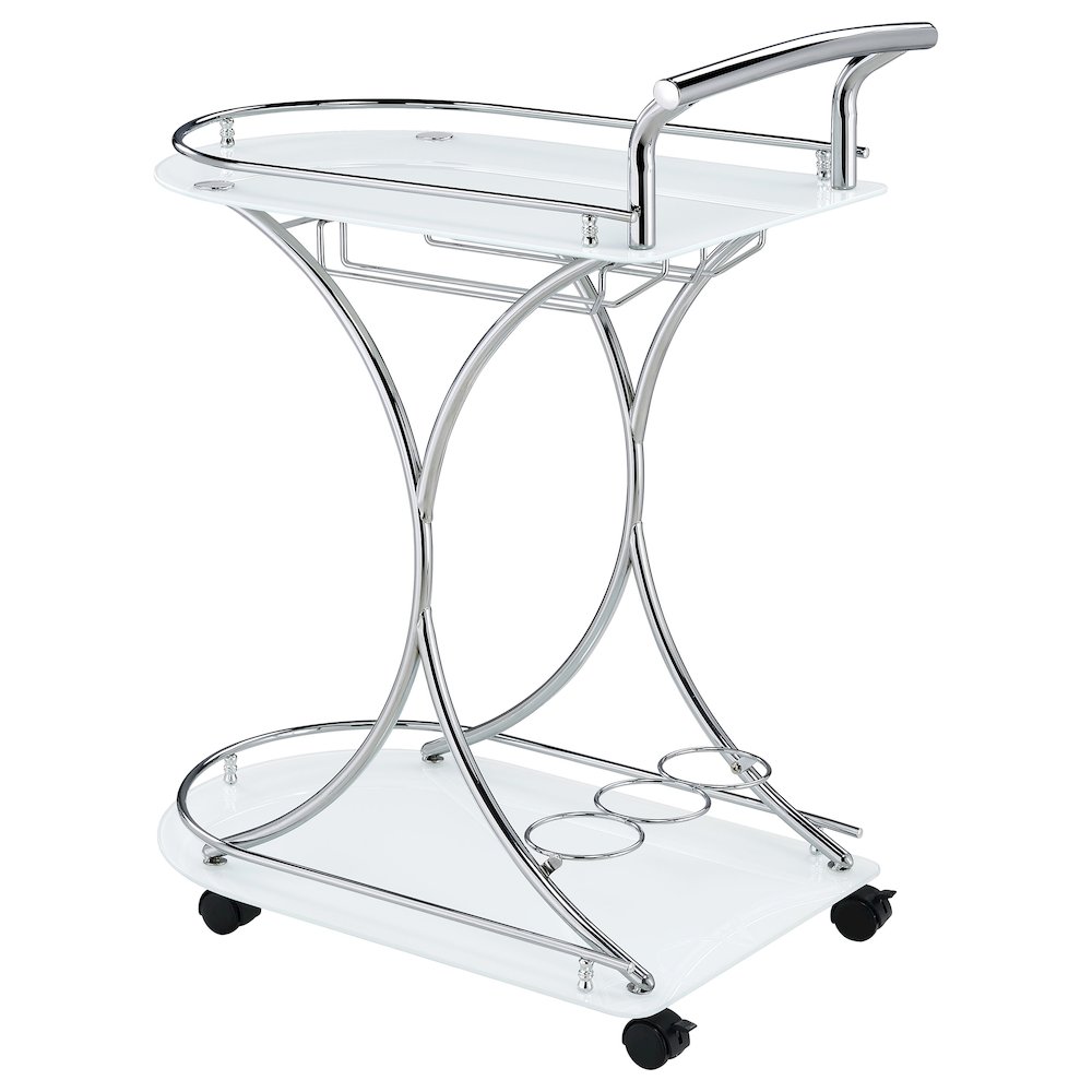 Elfman 2-tier Glass Shelf Metal Bar Cart White and Chrome. Picture 6