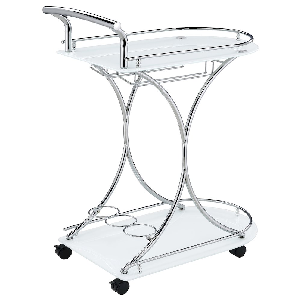 Elfman 2-tier Glass Shelf Metal Bar Cart White and Chrome. Picture 8