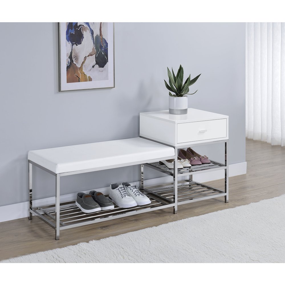 Siega 1-Drawer Shoe Storage Entryway Bench White High Gloss and Chrome. Picture 2