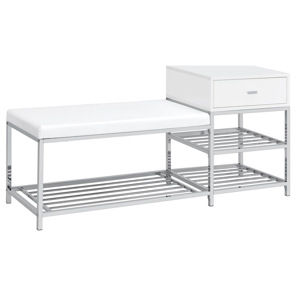 Siega 1-Drawer Shoe Storage Entryway Bench White High Gloss and Chrome. Picture 1