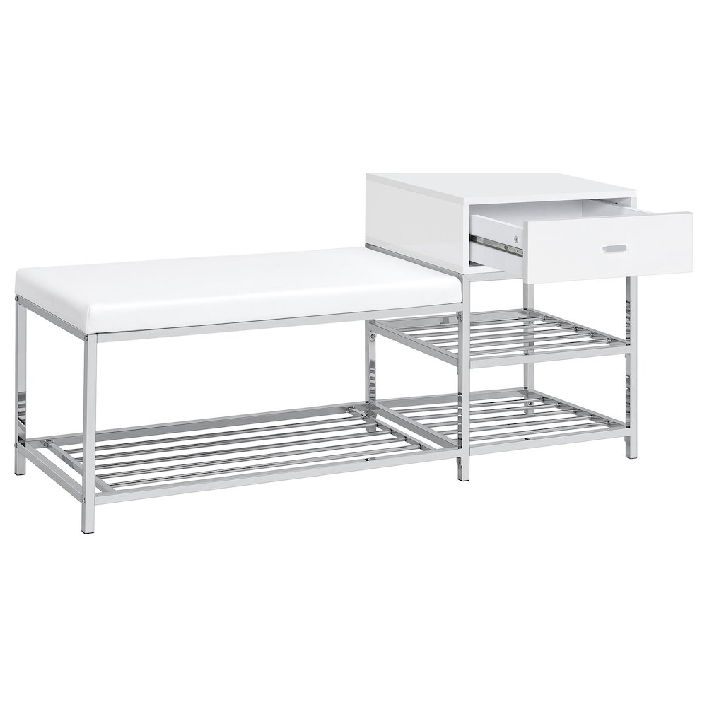 Siega 1-Drawer Shoe Storage Entryway Bench White High Gloss and Chrome. Picture 3