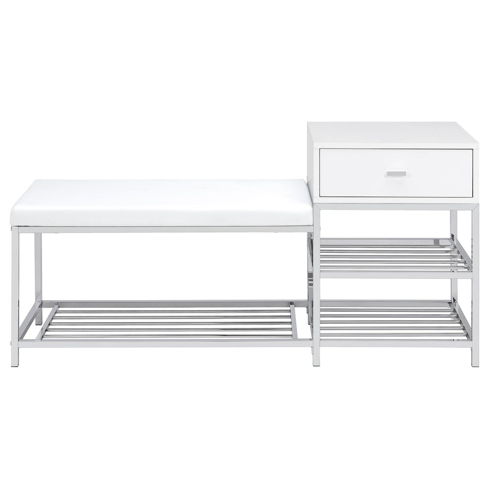 Siega 1-Drawer Shoe Storage Entryway Bench White High Gloss and Chrome. Picture 4