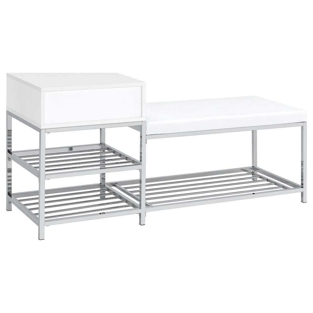 Siega 1-Drawer Shoe Storage Entryway Bench White High Gloss and Chrome. Picture 6