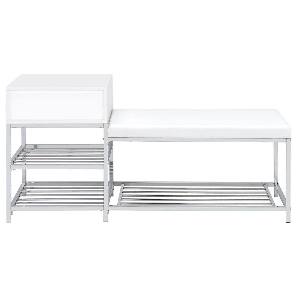 Siega 1-Drawer Shoe Storage Entryway Bench White High Gloss and Chrome. Picture 7