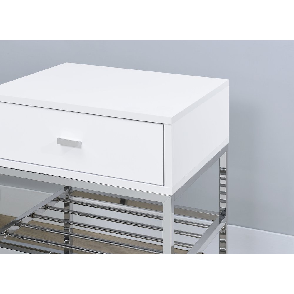 Siega 1-Drawer Shoe Storage Entryway Bench White High Gloss and Chrome. Picture 9