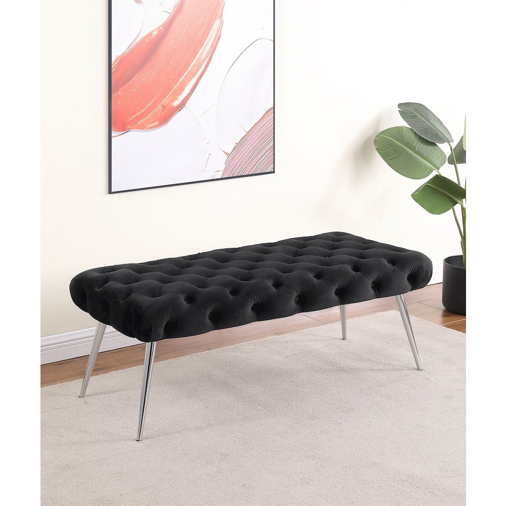 Ella Upholstered Tufted Bench Stainless Steel Legs Black. Picture 2