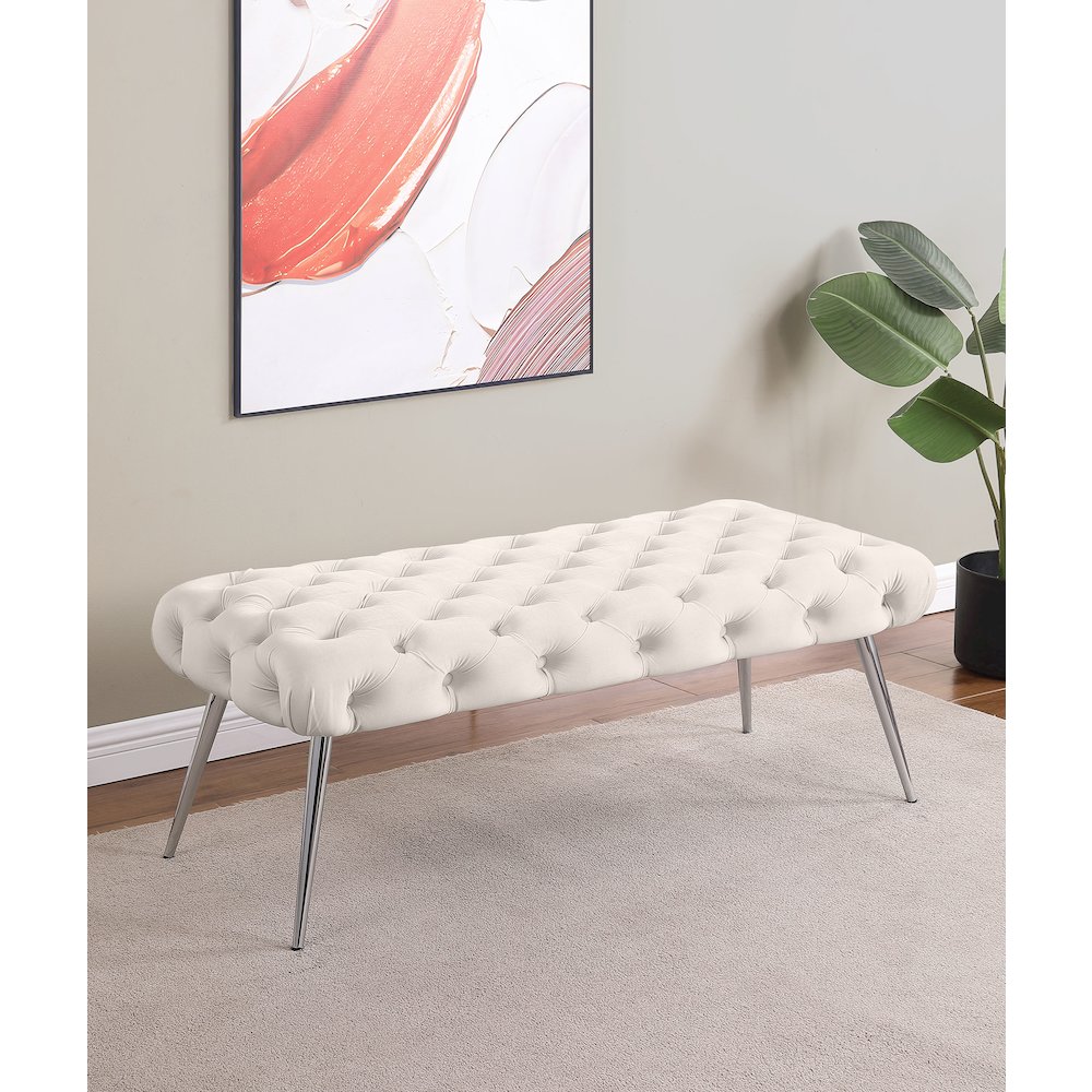 Ella Upholstered Tufted Bench Stainless Steel Legs Ivory. Picture 2