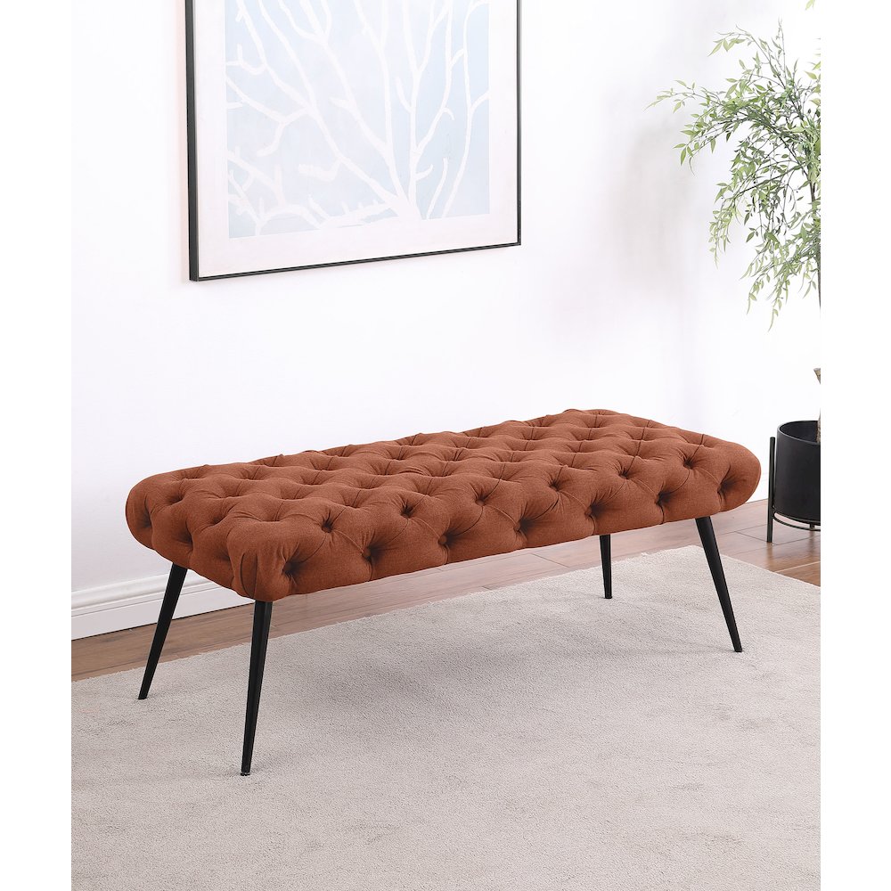 Ella Upholstered Tufted Bench Stainless Steel Legs Rust. Picture 2