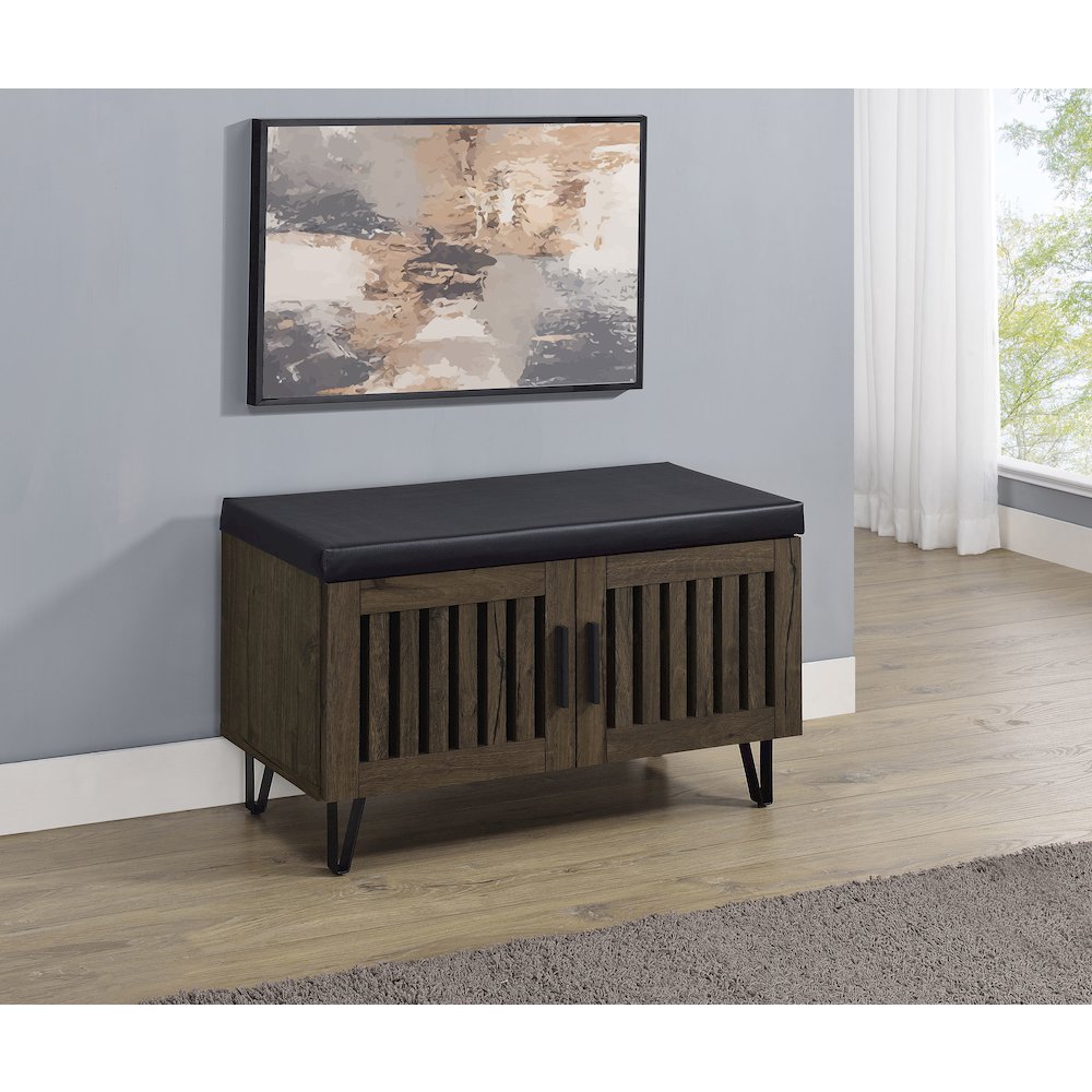 Addie 2-door Padded Entryway Shoe Storage Bench Smoked Oak. Picture 1