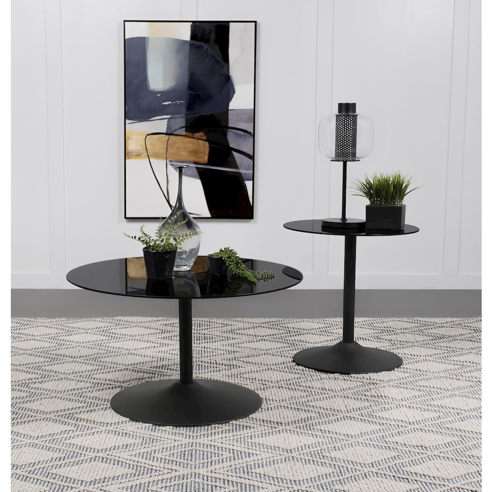 Ganso 2-piece Round Glass Top Coffee and End Table Set Black. Picture 2