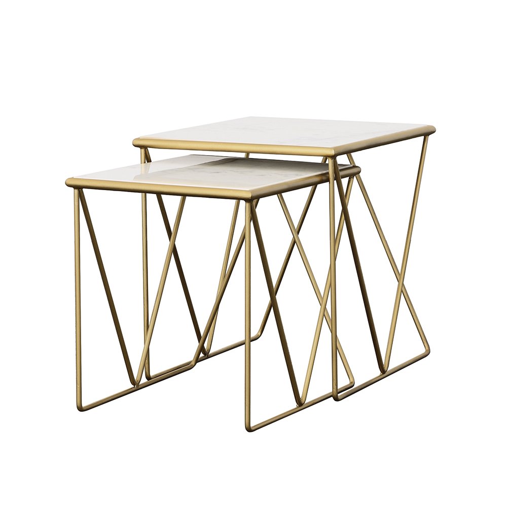 Bette 2-piece Marble Top Nesting Table Set White and Gold. Picture 4