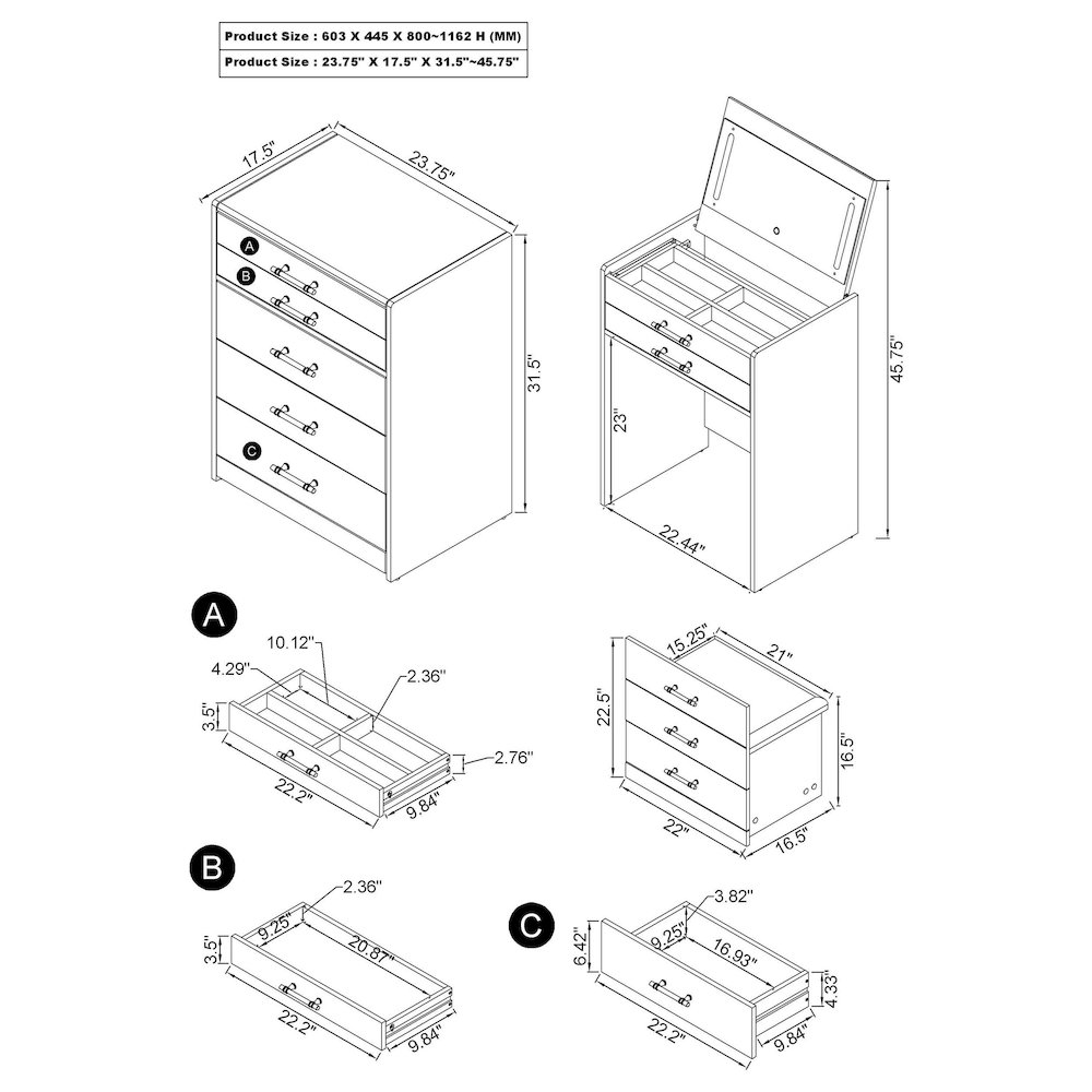 Danbury 3-drawer Makeup Vanity & Stool Set Black High Gloss. Picture 17