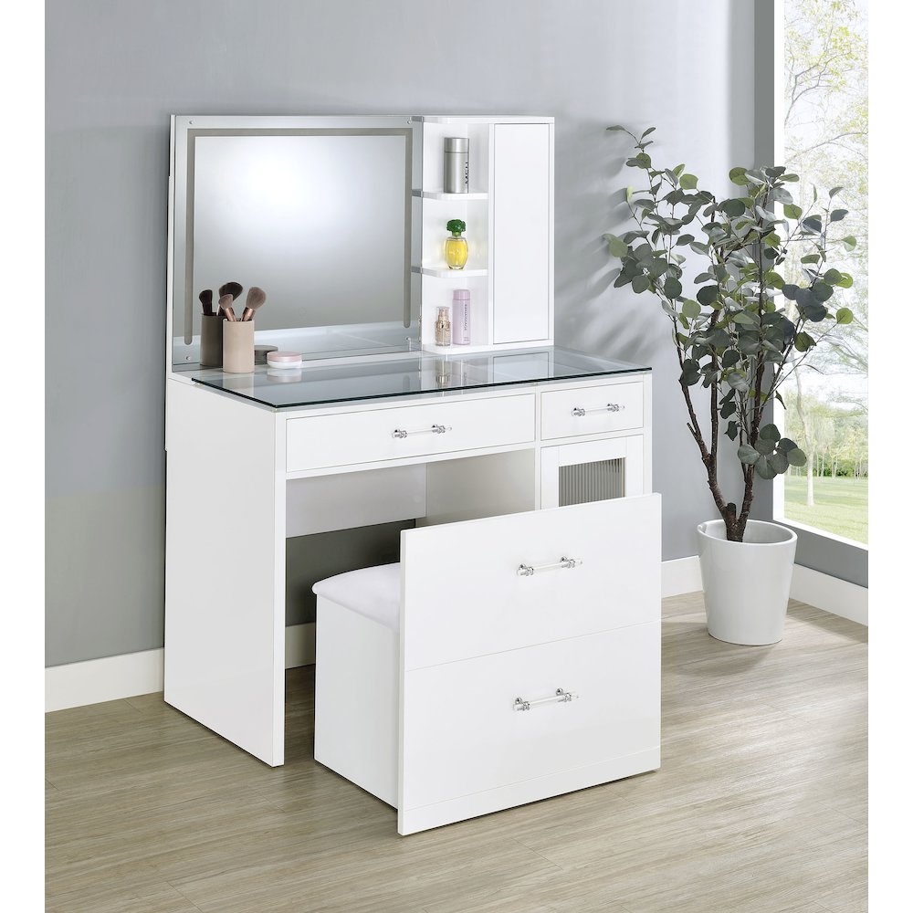 Flora 2-drawer Vanity Set with LED Mirror White High Gloss. Picture 3