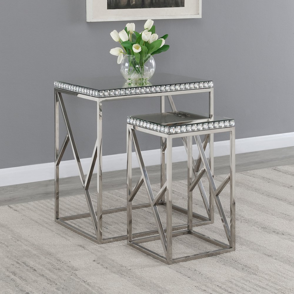 Betsy 2-piece Mirrored Stainless Steel Nesting Tables Silver. Picture 3