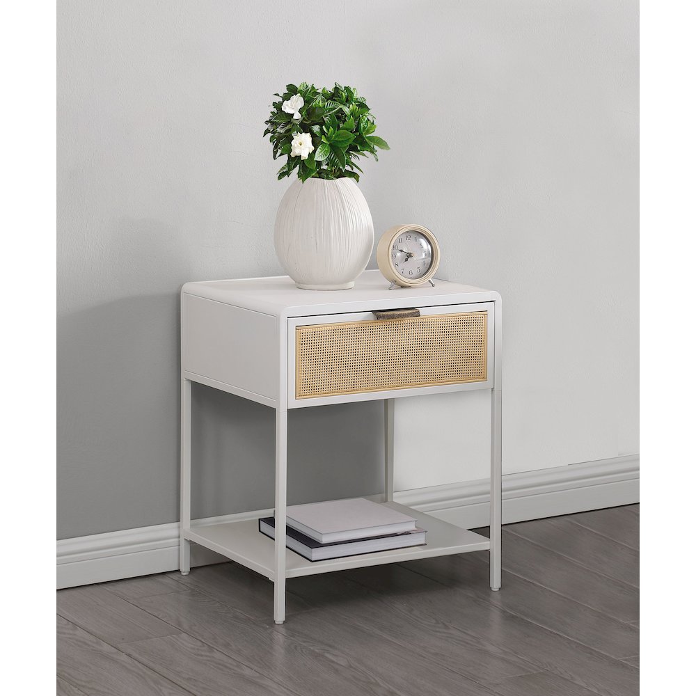 Amherst 1-drawer Radio Weave Cane Metal Bedside Table White. Picture 9