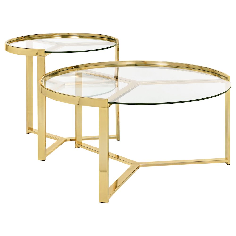 Delia 2-Piece Round Glass Top Nesting Coffee Table Gold. Picture 1