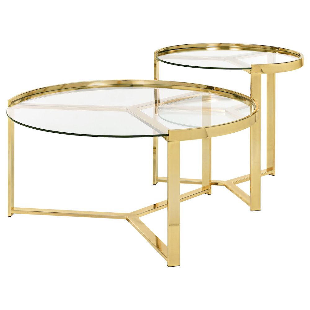 Delia 2-Piece Round Glass Top Nesting Coffee Table Gold. Picture 4