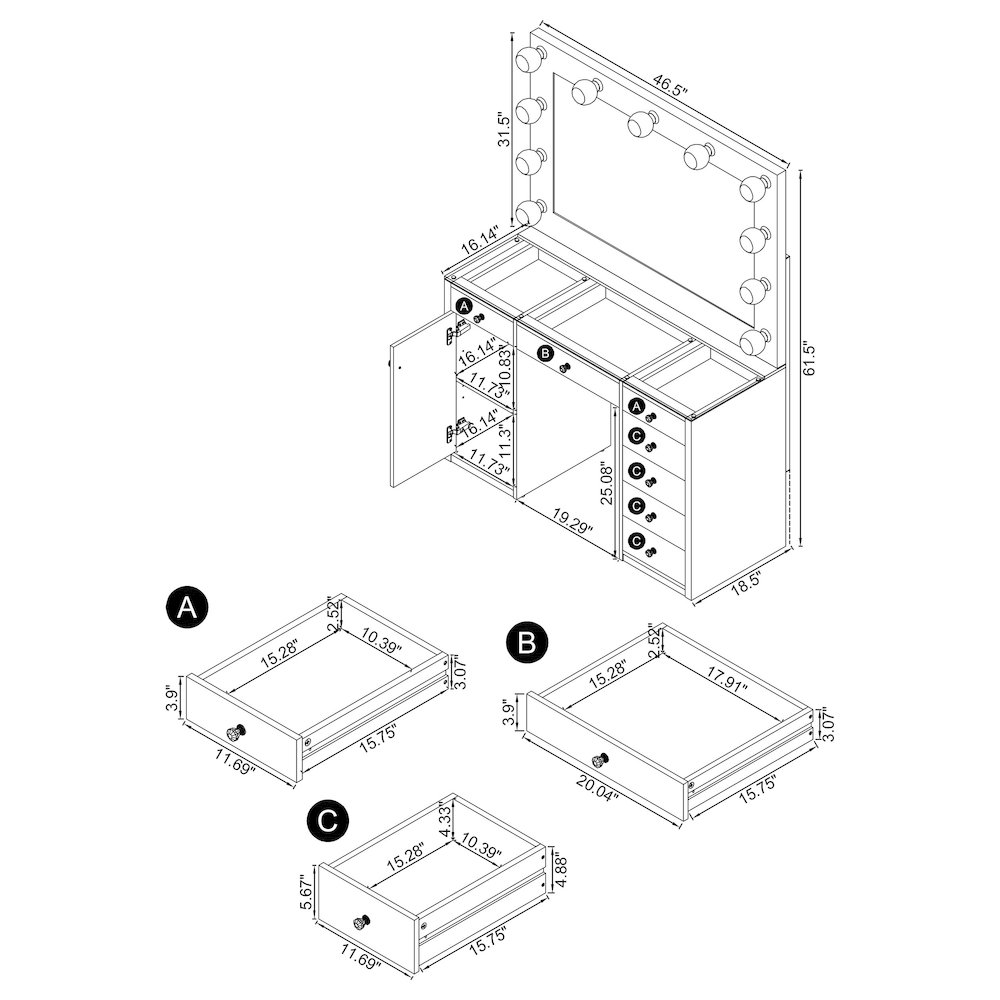 Acena 7-drawer Vanity Set with Lighting White High Gloss. Picture 8