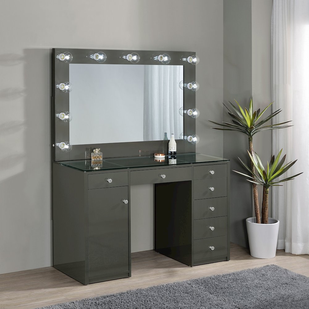 Acena 7-drawer Vanity Set with Lighting Grey High Gloss. Picture 11