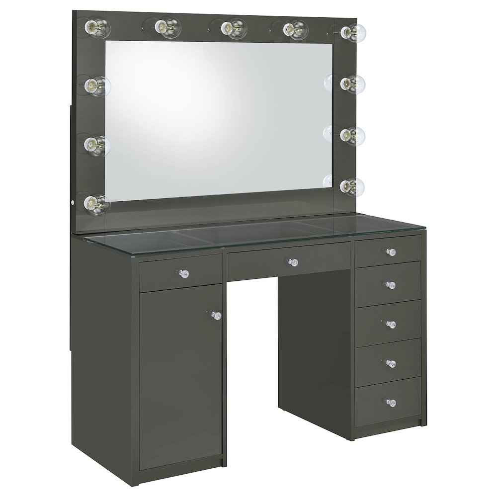 7-drawer Vanity Set with Mirror and Lights in Gray High Gloss Finish. Picture 1