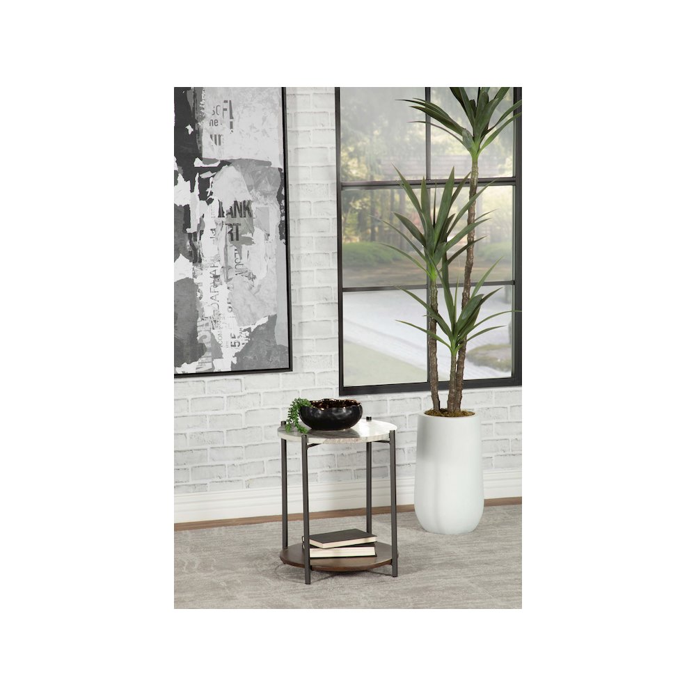 Noemie Round Marble Top Accent Side Table White and Gunmetal. Picture 4