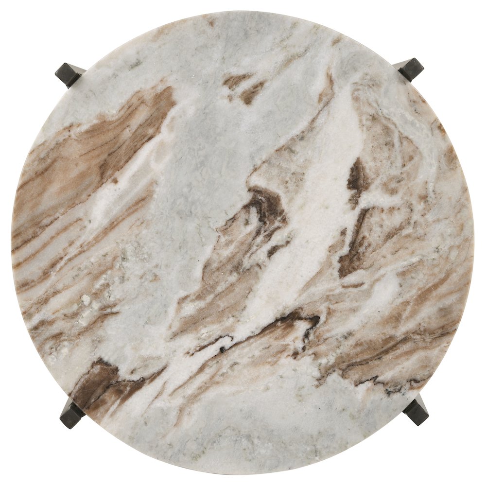 Noemie Round Marble Top Accent Side Table White and Gunmetal. Picture 6