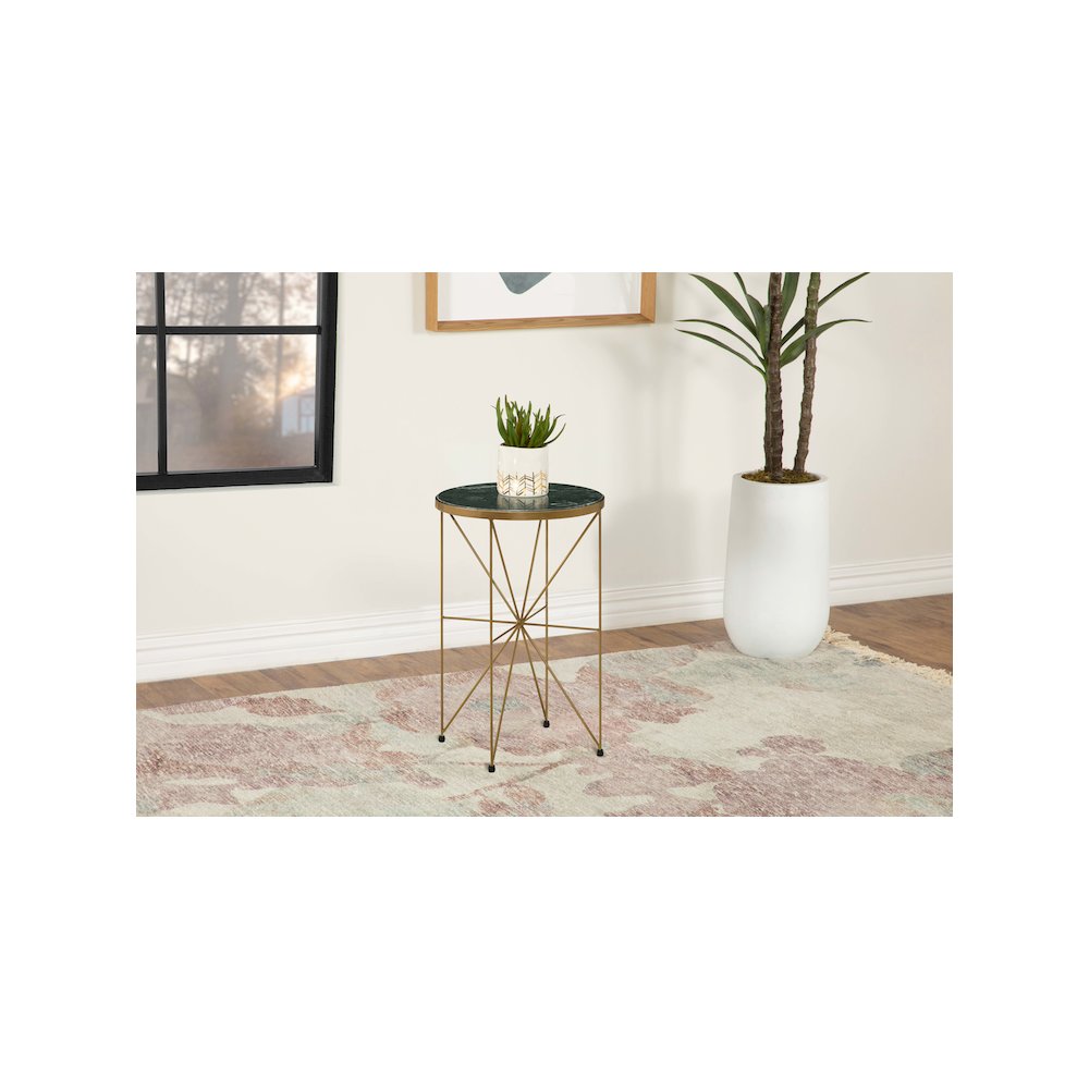 Eliska Round Green Marble Top Accent Side Table Antique Gold. Picture 4