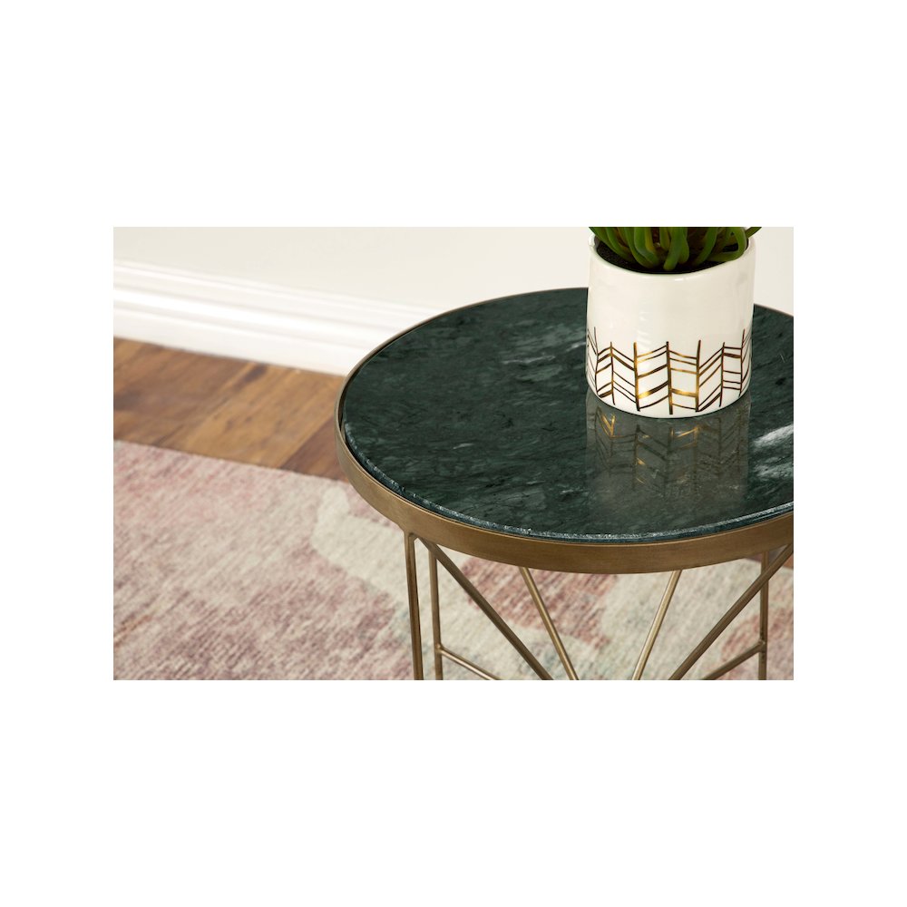 Eliska Round Green Marble Top Accent Side Table Antique Gold. Picture 7