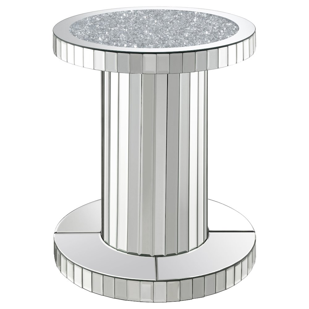 Dorielle Round Mirrored Acrylic Crystal Side Table Silver. Picture 1