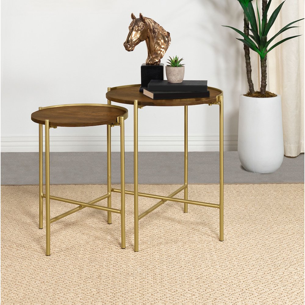 Malka 2-piece Round Wood Nesting Table Dark Brown and Gold. Picture 7