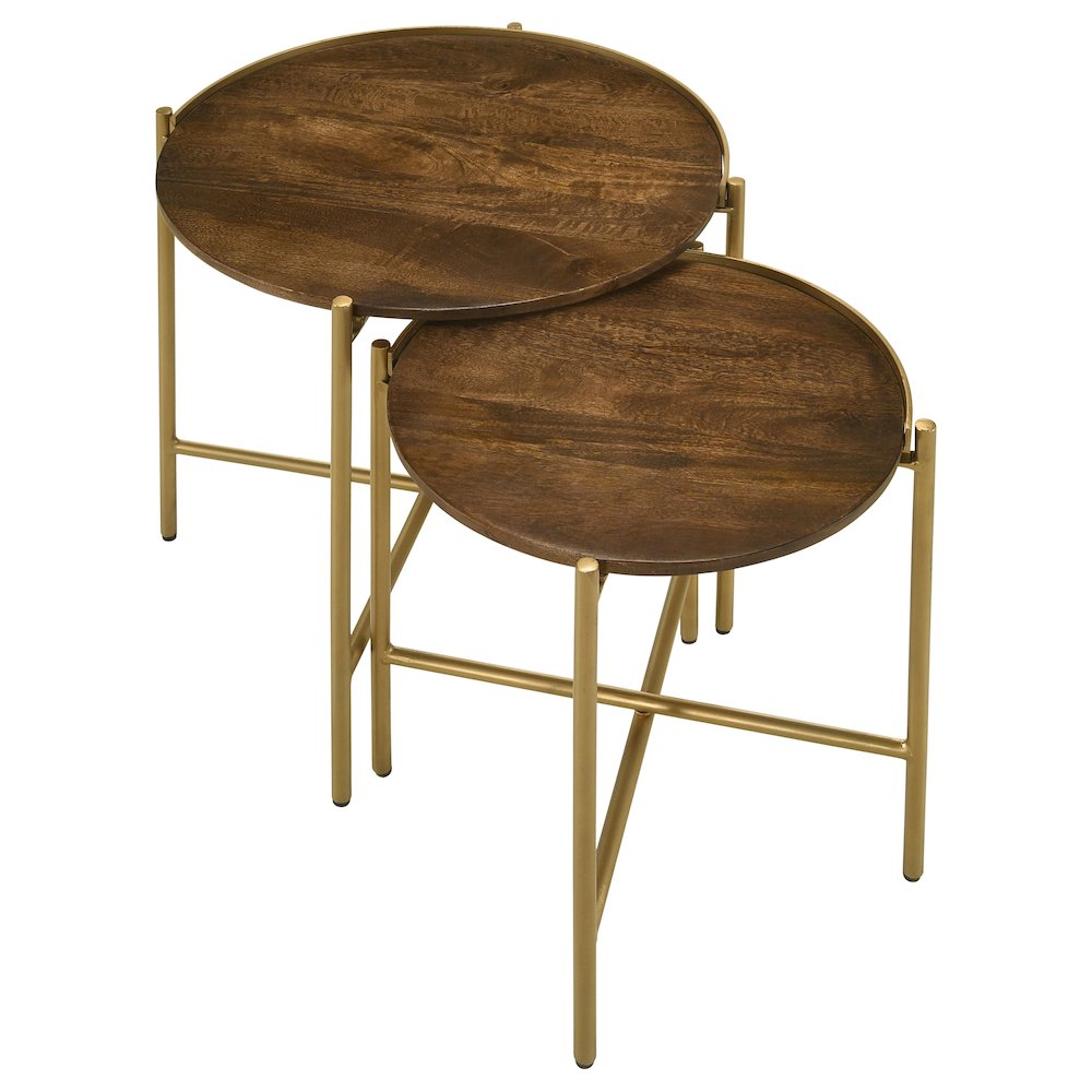 Malka 2-piece Round Wood Nesting Table Dark Brown and Gold. Picture 3
