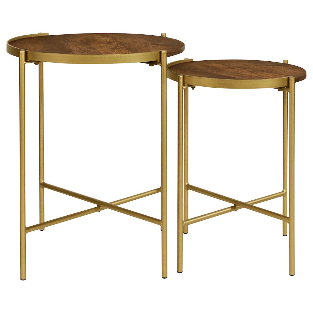 Malka 2-piece Round Wood Nesting Table Dark Brown and Gold. Picture 4