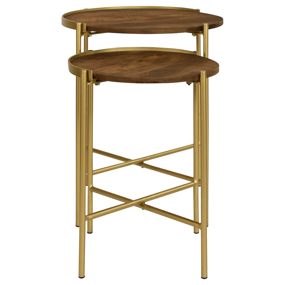 Malka 2-piece Round Wood Nesting Table Dark Brown and Gold. Picture 5
