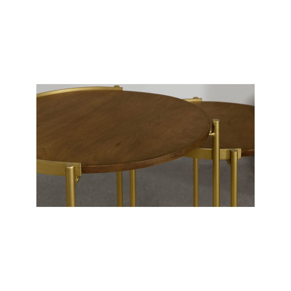 Malka 2-piece Round Wood Nesting Table Dark Brown and Gold. Picture 9