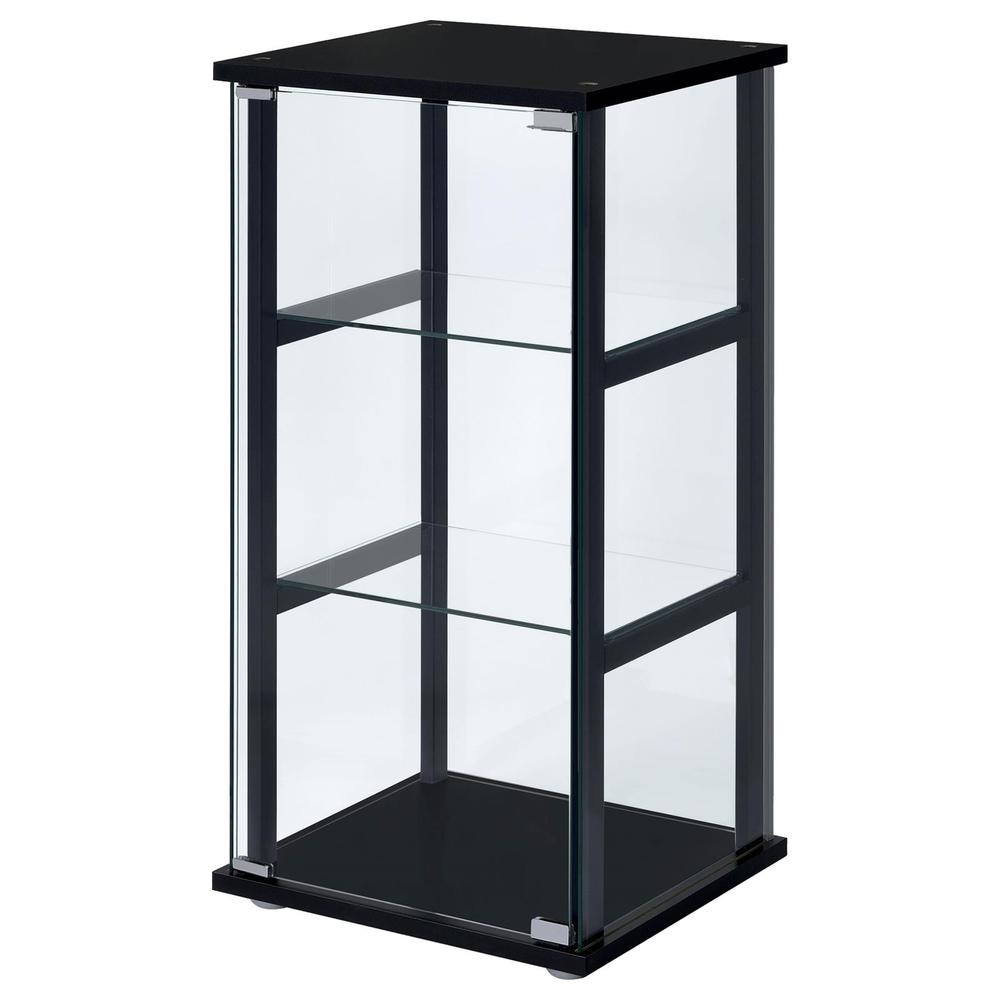 Stylish Black Glass Curio Cabinet with Three Shelves for Displaying Treasures. Picture 1