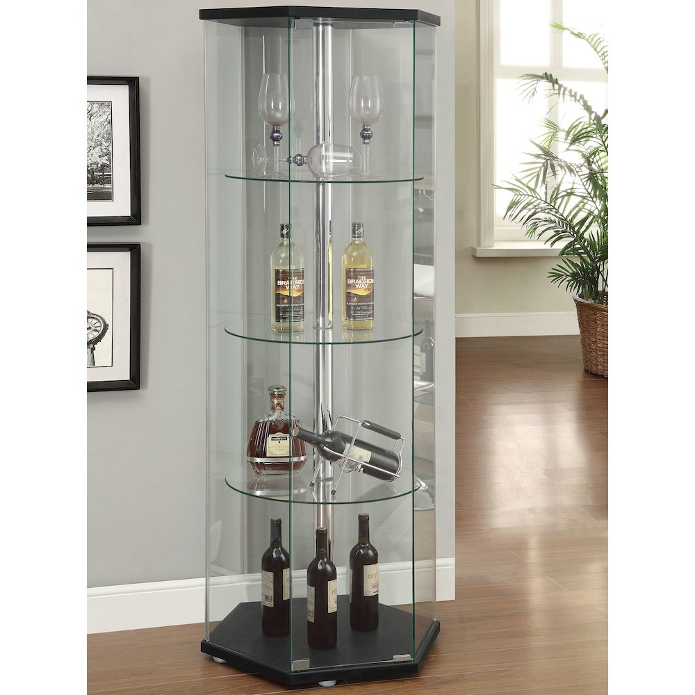 Zahavah 4-shelf Hexagonal Clear Glass Curio Cabinet Black. Picture 3