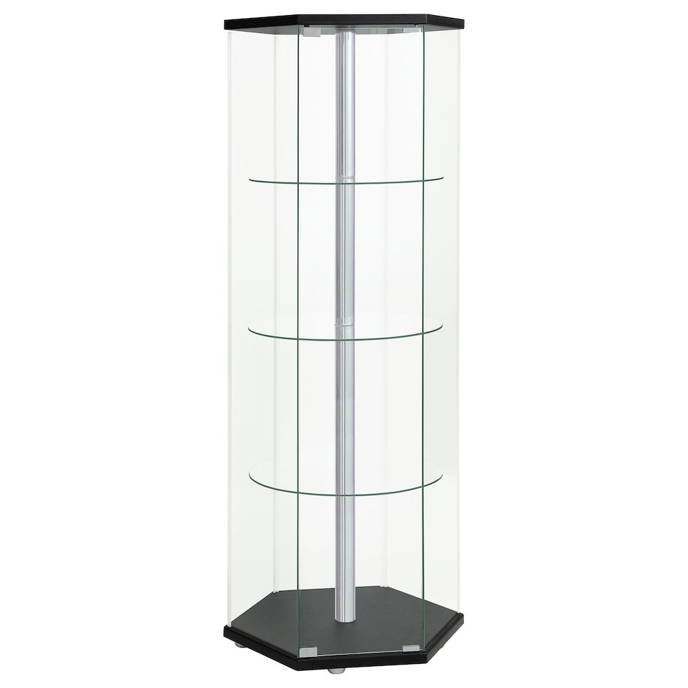 Zahavah 4-shelf Hexagonal Clear Glass Curio Cabinet Black. Picture 1