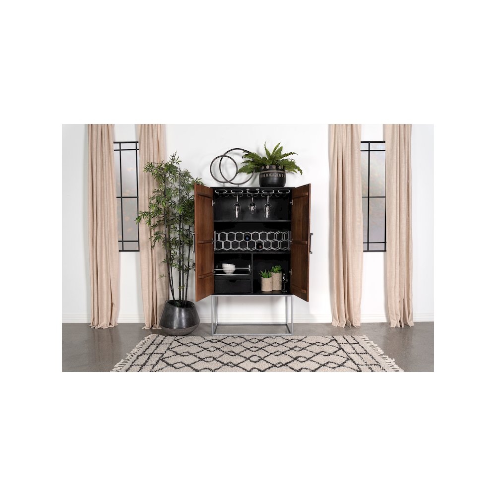 Borman 2-door Home Bar Cabinet Wine Storage Walnut and Black. Picture 15