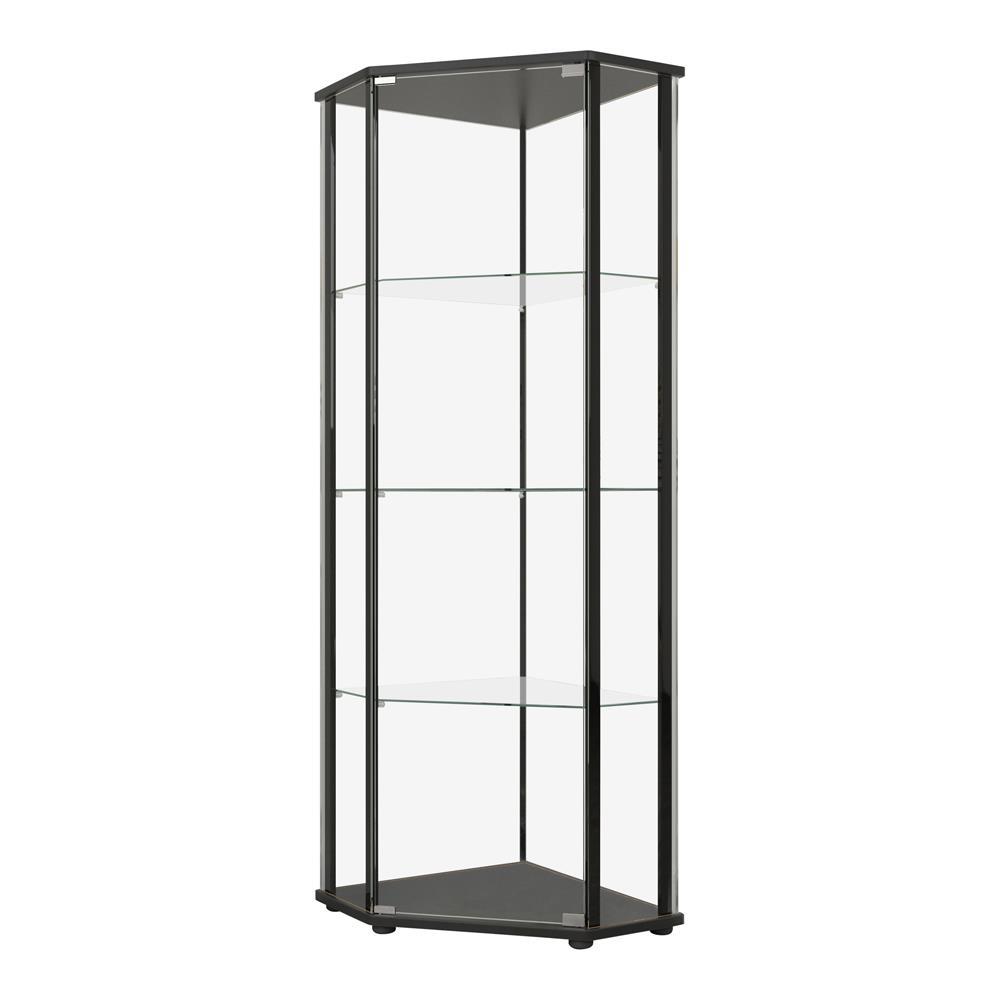 Sophisticated Black Glass Shelf Curio Cabinet with Clear Glass Doors. Picture 1